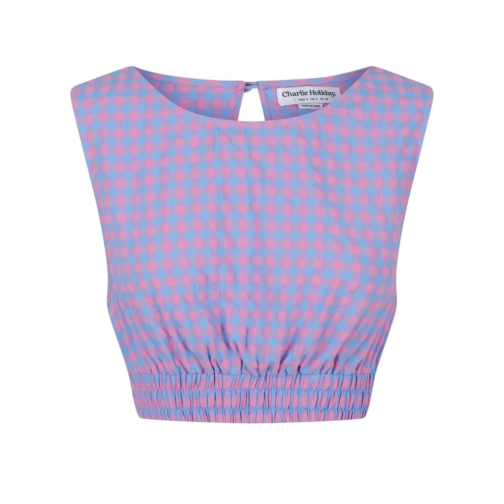 Charlie Holiday Elena Gingham Crop Top Women Est Sz XS Pink Blue Sleeveless - Picture 2 of 14